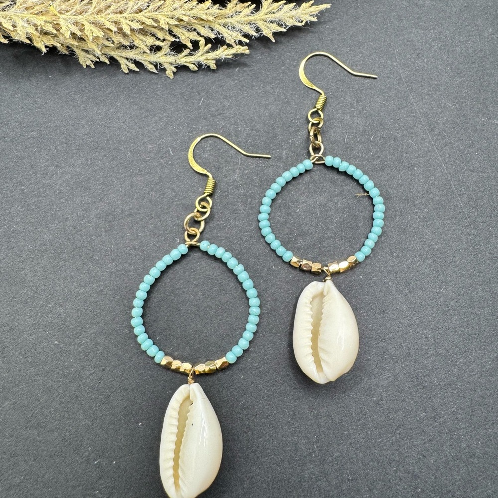 Blue and Cream Beaded Cowrie Shell Earrings